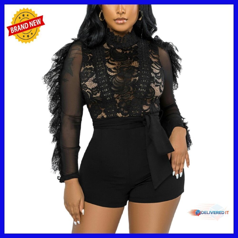 Sexy Lace Jumpsuit Long Sleeve Ruffle Mesh Bodycon Romper Club Party